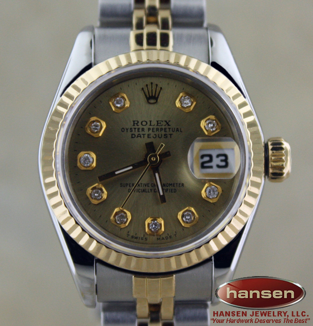 LADIE ROLEX 18K GOLD/SS DATEJUST CHAMPAGNE DIAMOND DIAL