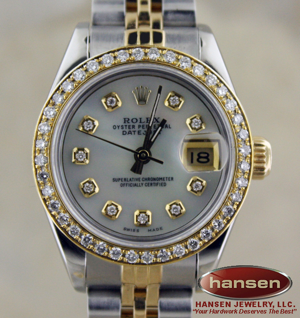 LADIES ROLEX 18K GOLD/SS DATEJUST WHT MOP DIAMOND WATCH