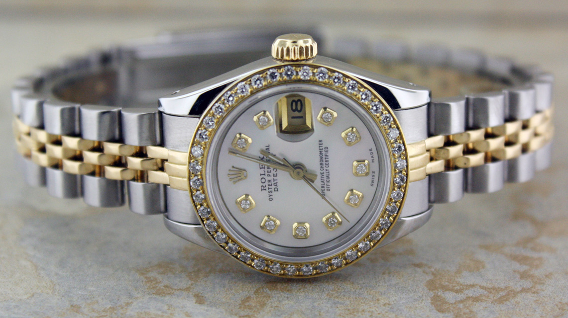 LADIES ROLEX 18K GOLD/SS DATEJUST WHT MOP DIAMOND WATCH