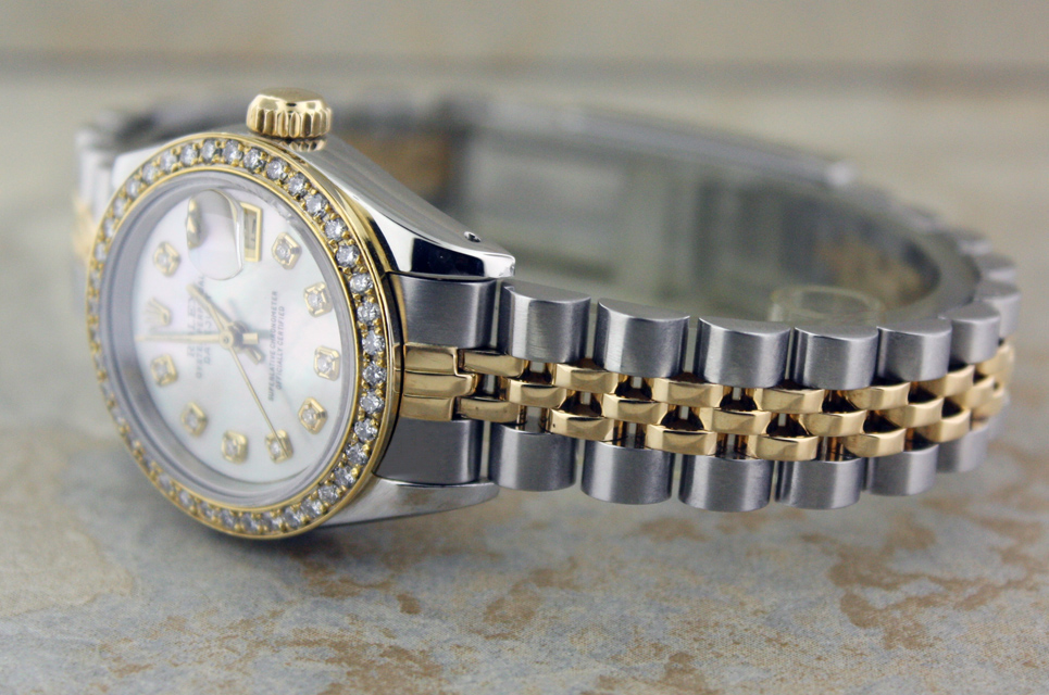 LADIES ROLEX 18K GOLD/SS DATEJUST WHT MOP DIAMOND WATCH