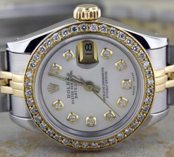 LADIES ROLEX 18K GOLD/SS DATEJUST WHT MOP DIAMOND WATCH