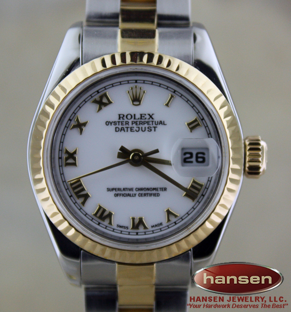 LADIES ROLEX 18K GOLD/SS DATEJUST WHITE ROMAN WATCH