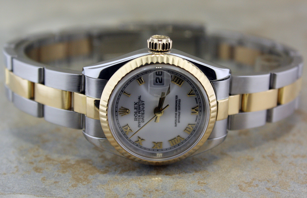 LADIES ROLEX 18K GOLD/SS DATEJUST WHITE ROMAN WATCH