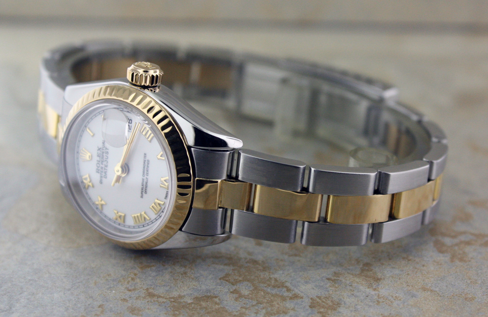 LADIES ROLEX 18K GOLD/SS DATEJUST WHITE ROMAN WATCH