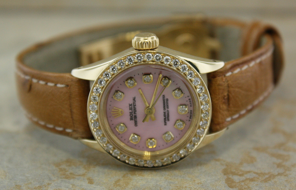 LADIES ROLEX 14K GOLD OYSTER PERPETUAL PINK MOP DIAMOND