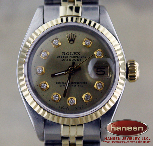 LADIES ROLEX 18K GOLD/SS DATEJUST GOLD DIAMOND WATCH