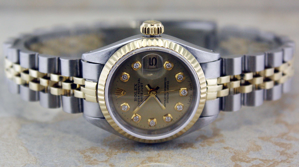 LADIES ROLEX 18K GOLD/SS DATEJUST GOLD DIAMOND WATCH