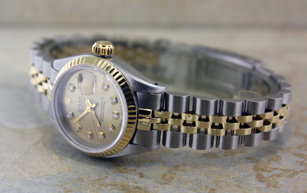 LADIES ROLEX 18K GOLD/SS DATEJUST GOLD DIAMOND WATCH