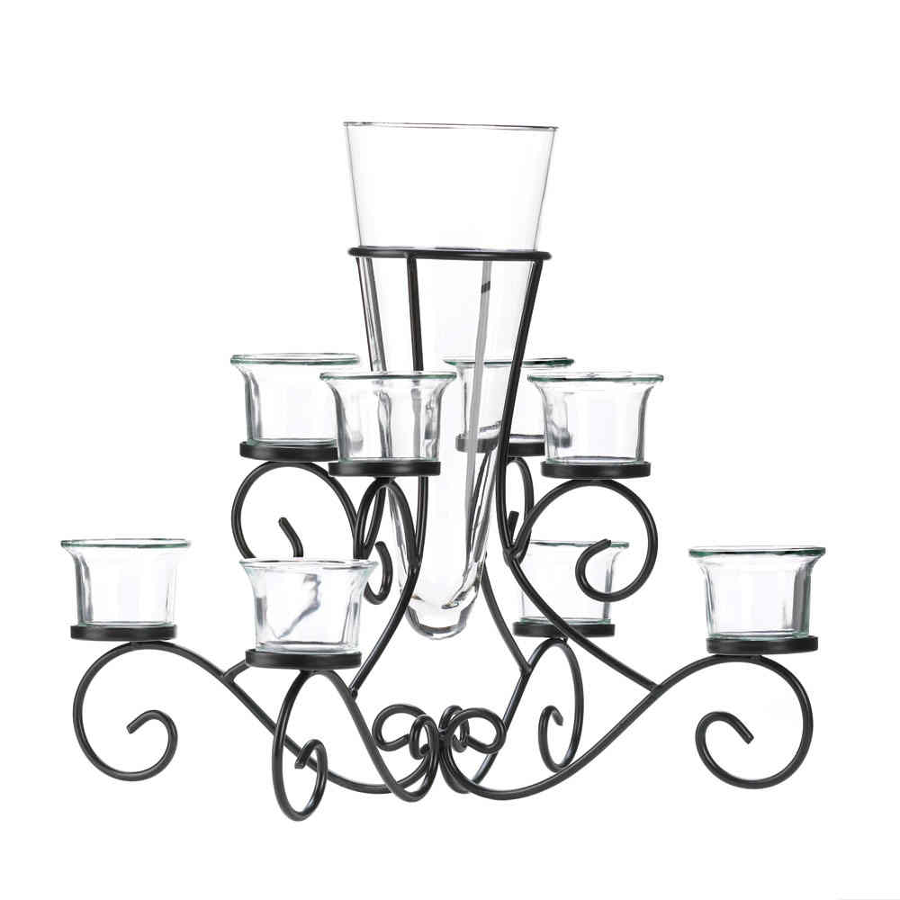 Black Swirled Iron Candle Holder Stand with Glass Flower Vase