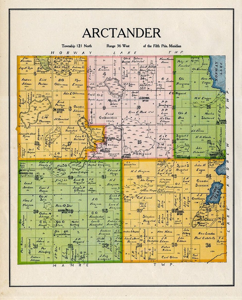 ARCTANDER TOWNSHIP of KANDIYOHI COUNTY MINNESOTA, RARE 1905 COLOR MAP