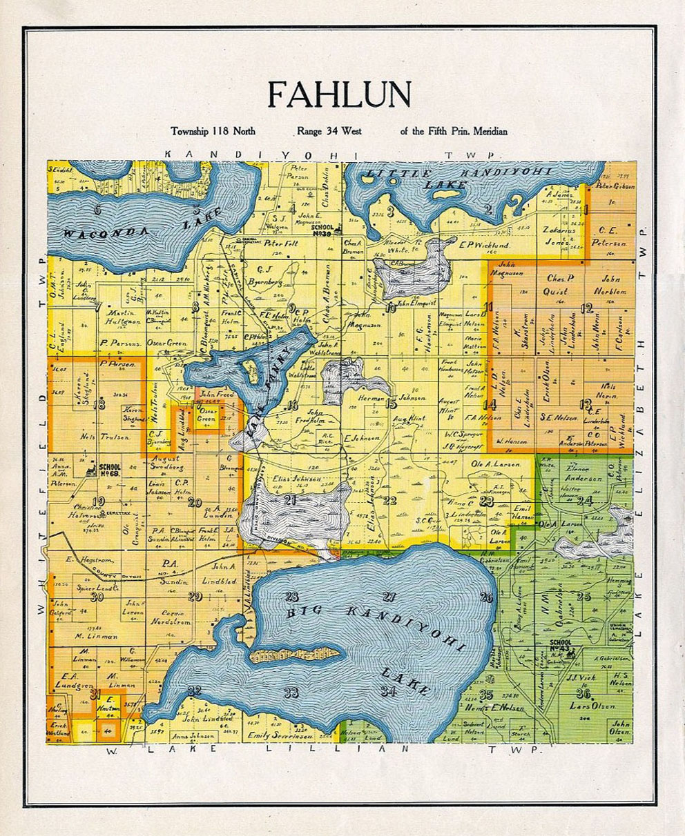 FAHLUN TOWNSHIP KANDIYOHI COUNTY MINNESOTA RARE 1905 ANTIQUE COLOR MAP