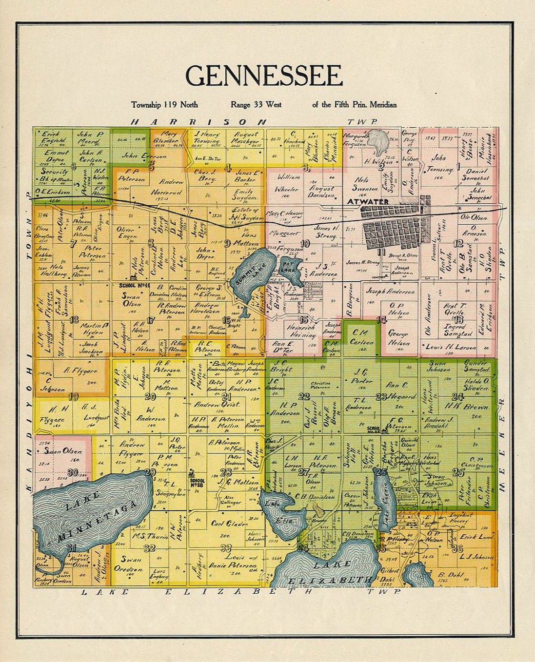 GENNESSEE TOWNSHIP KANDIYOHI COUNTY MINNESOTA RARE 1905 ANTIQUE MAP