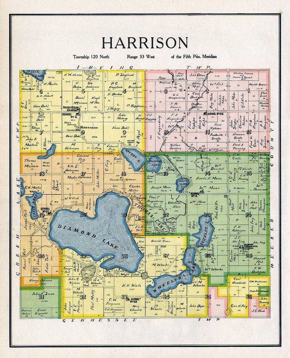 HARRISON TOWNSHIP, KANDIYOHI COUNTY MINNESOTA, RARE 1905 ANTIQUE MAP