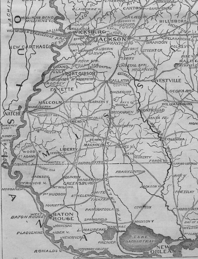 CIVIL WAR MAP OF MISSISSIPPI FIELD OF OPERATIONS OF GENERAL GRANT AND