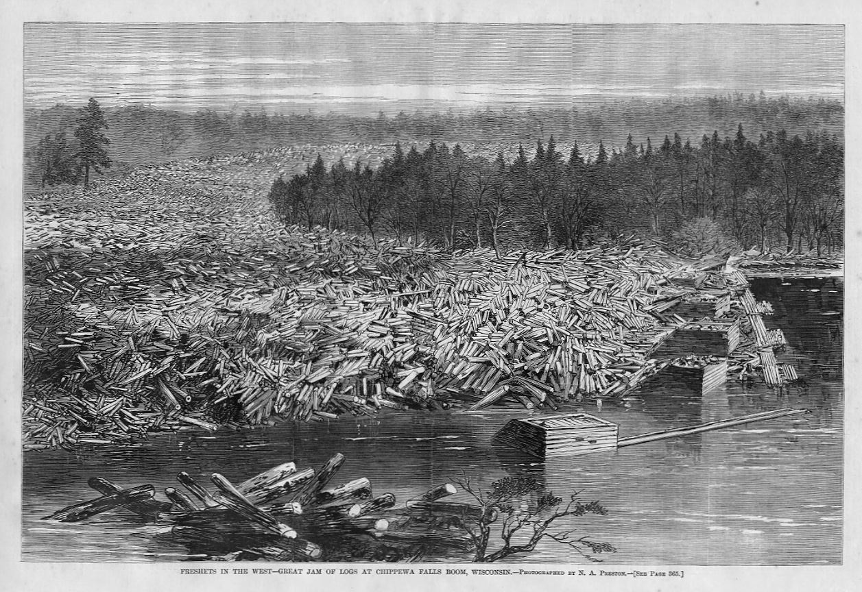 LOG JAM AT CHIPPEWA FALLS WISCONSIN LOGGING HISTORY 1869 ANTIQUE
