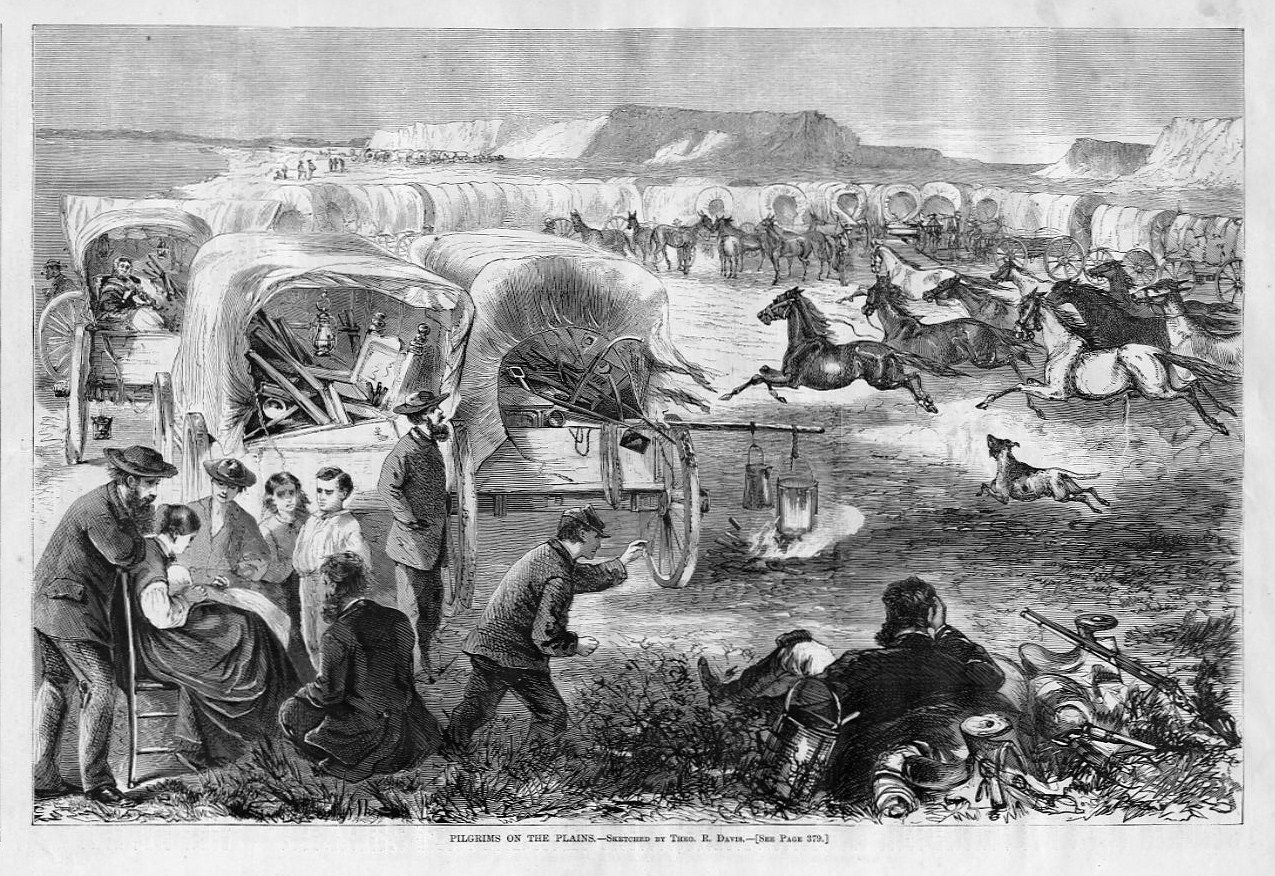 Pilgrims Emigrant Wagon Train Corral Encamped Grazing Stock Horses 