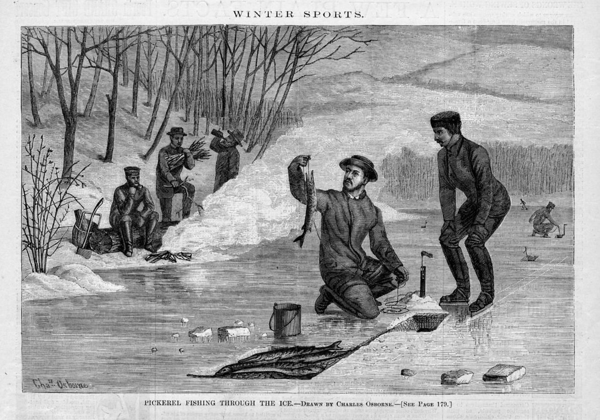 ICE FISHING, WINTER SPORTS, ANTIQUE ENGRAVING, PICKEREL FISHING THROUGH