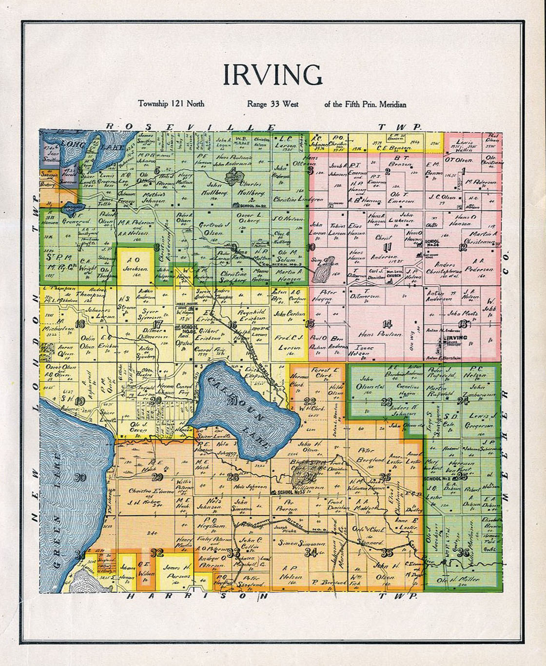 IRVING TOWNSHIP, KANDIYOHI COUNTY MINNESOTA, RARE 1905 COLOR LANDOWNERS