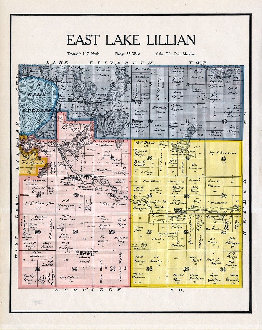 East Lake Lillian Township Kandiyohi County Minnesota RARE 1905 Map