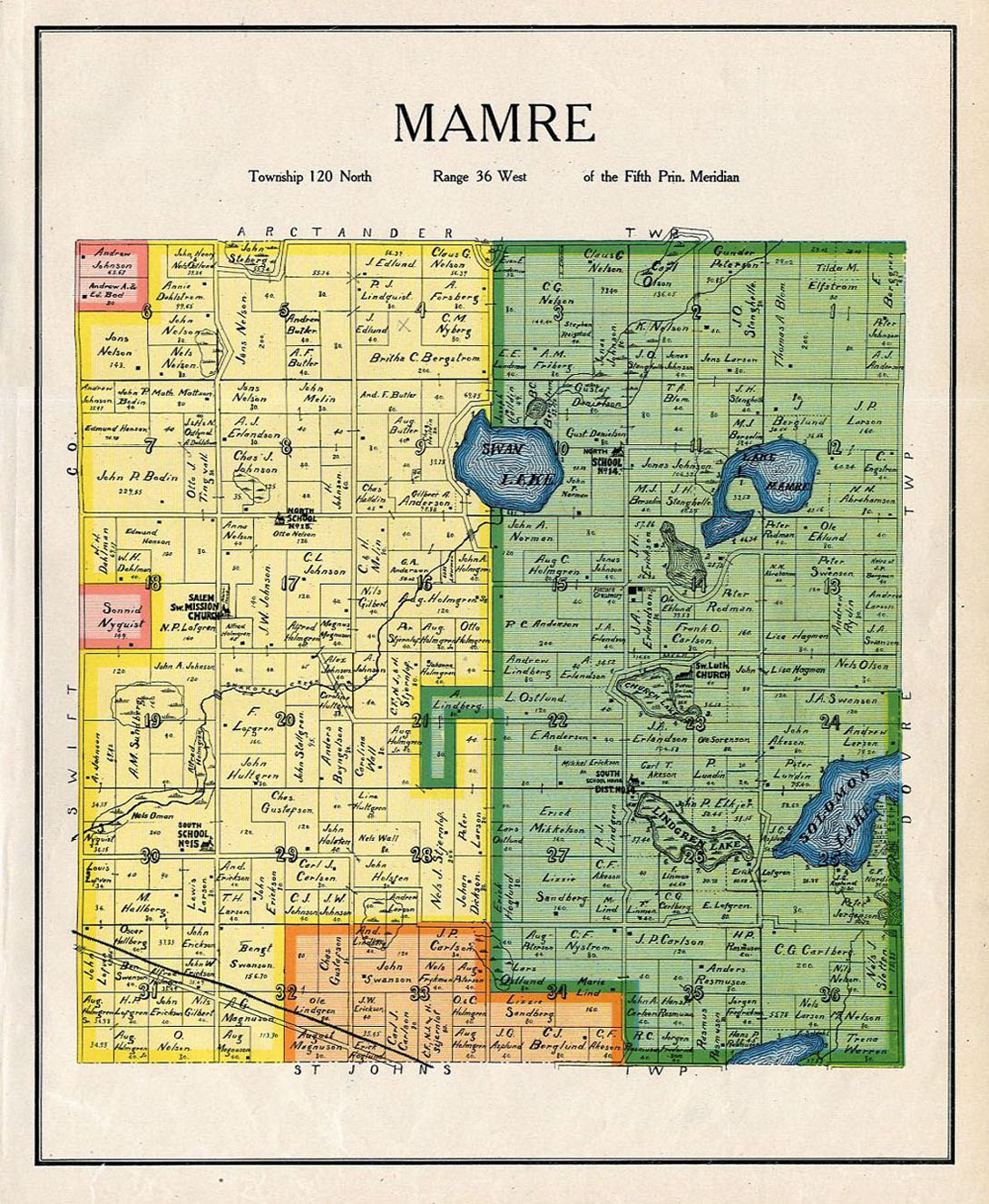MAMRE TOWNSHIP KANDIYOHI COUNTY MINNESOTA RARE 1905 COLOR LANDOWNERS