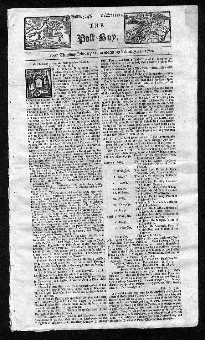 POSTBOY RARE 18TH CENTURY ORIGINAL NEWSPAPER FROM 1722 eBay