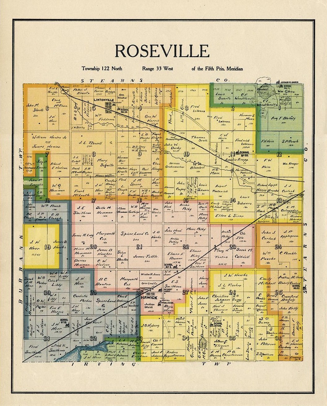 ROSEVILLE TOWNSHIP KANDIYOHI COUNTY MINNESOTA RARE 1905 ANTIQUE MAP
