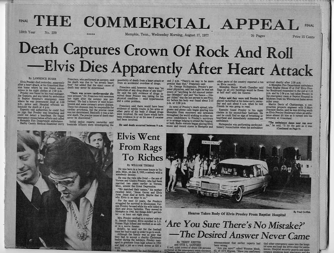 ELVIS PRESLEY DEAD, ORIGINAL 1977 MEMPHIS NEWSPAPER, SAD DAY IN MEMPHIS