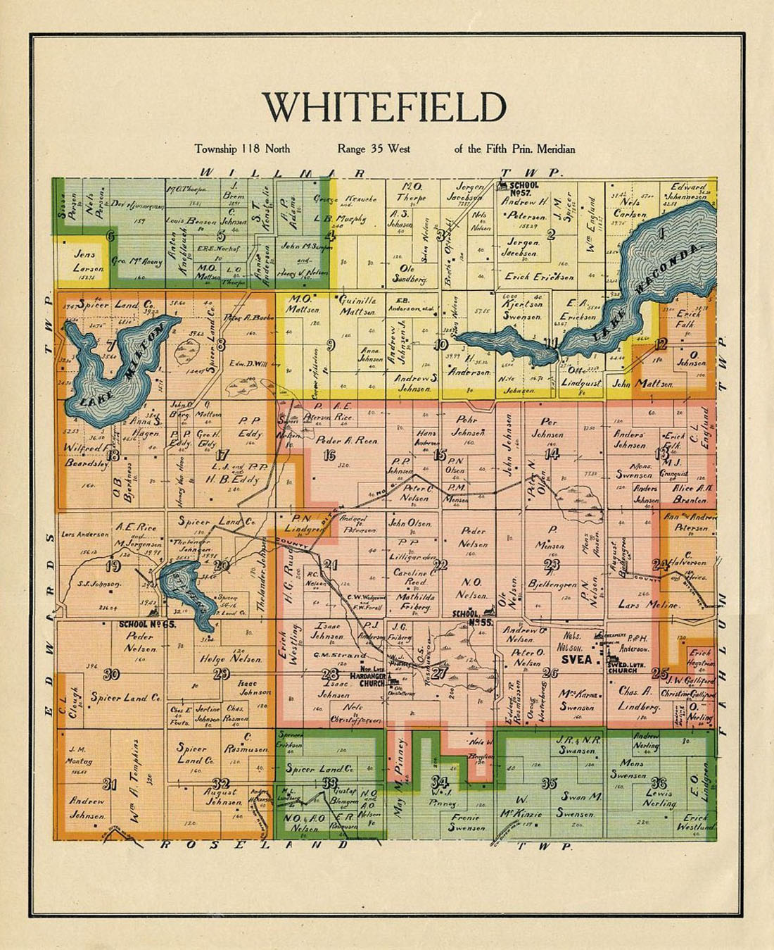 WHITEFIELD TOWNSHIP RARE ANTIQUE 1905 MAP KANDIYOHI COUNTY MINNESOTA