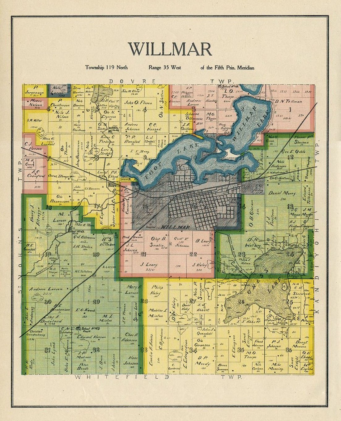 WILLMAR TOWNSHIP KANDIYOHI COUNTY MINNESOTA RARE VINTAGE COLOR MAP ...