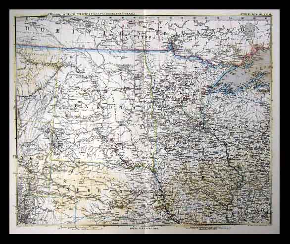 1882 Stieler Map United States Dakota Minnesota Iowa