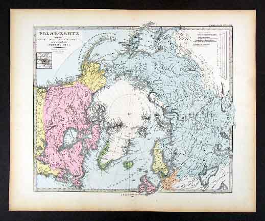 1876 Stieler Antique Map - North Pole - Canada Russia