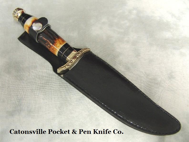 Catonsville Pocket & Pen Knife Co. 11.5" Embelished Bone Handle Hunting Knife & Sheath