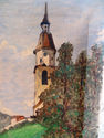 Original Primitive Painting Landscape w Church & M