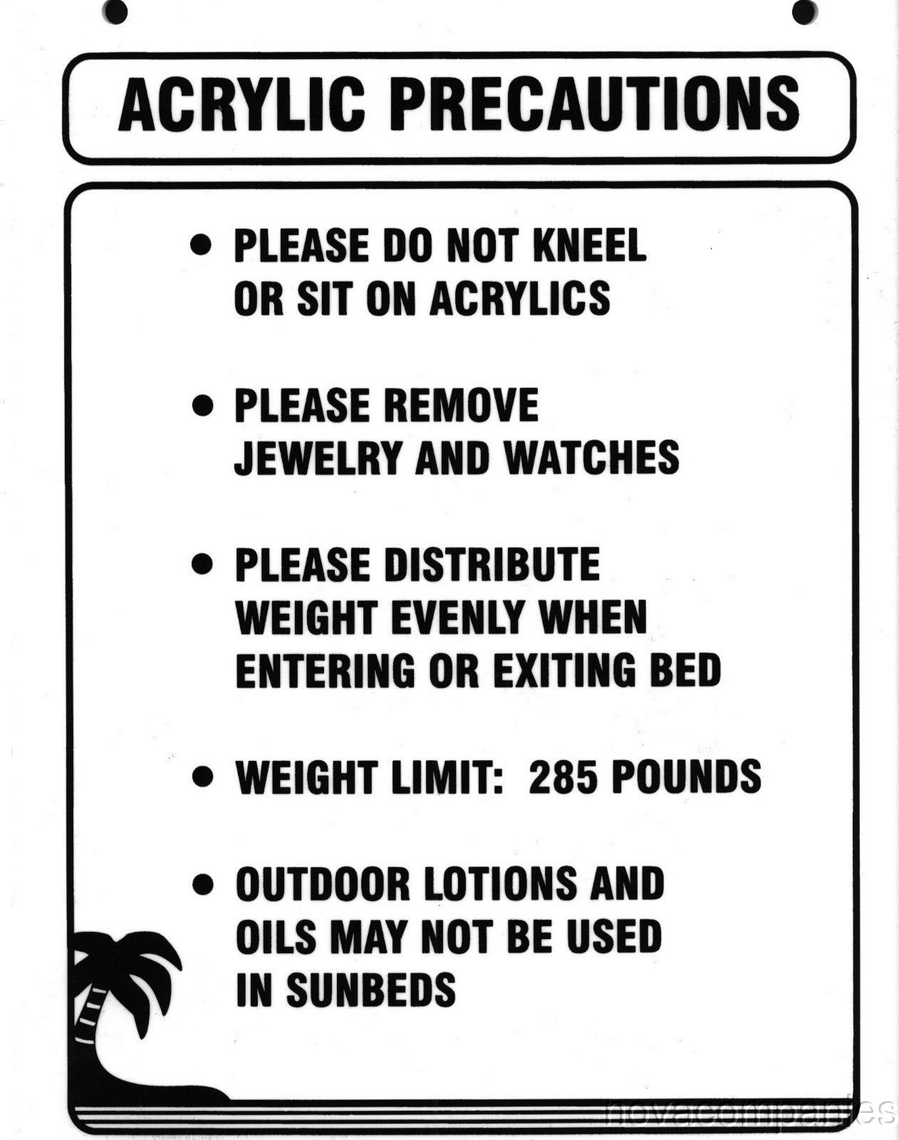 Tanning "ACRYLIC PRECAUTIONS" Acrylic Sign 8.5" x 11 WHITE Acrylic