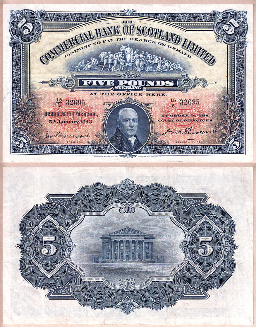1943 5 Commercial Bank Of Crimbles Scotland Issued Note Vf 12