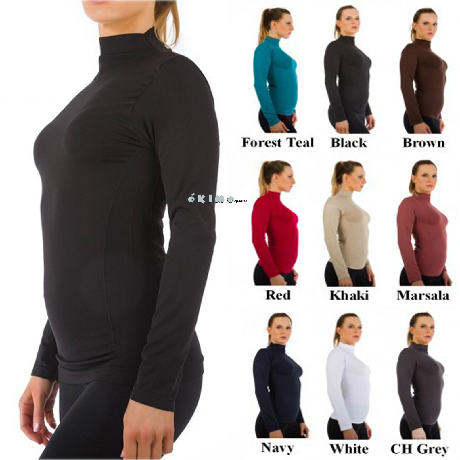 Women Mock Neck Long Sleeve Shirt Turtleneck Top Stretch Slim Fit Tee ...