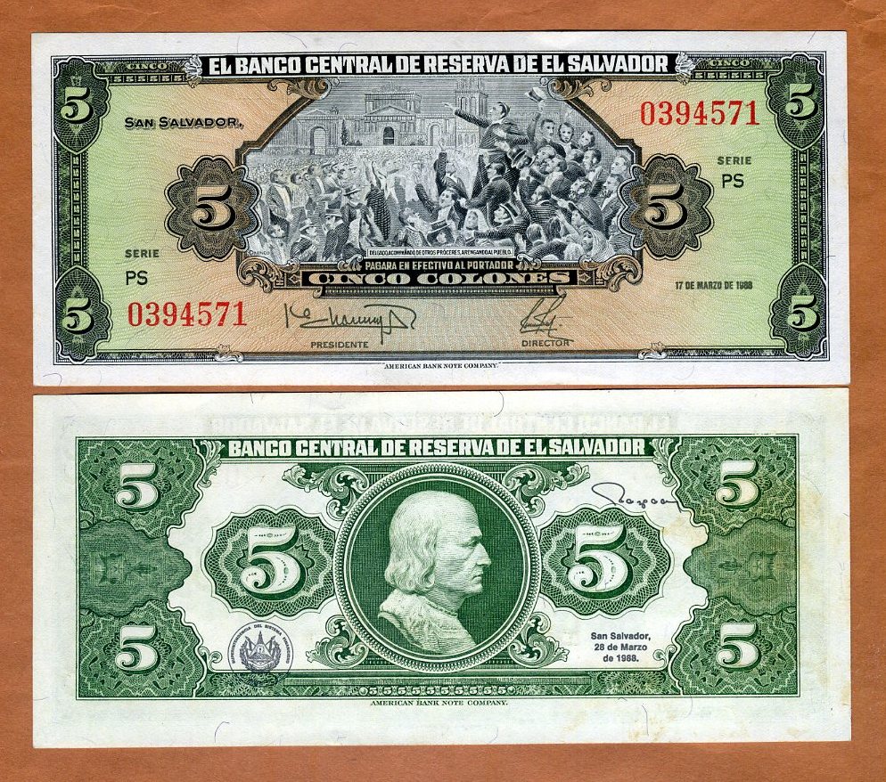 aUNC /> Columbus El Salvador 5 Colones 1998 Pre-USD$ P-147a