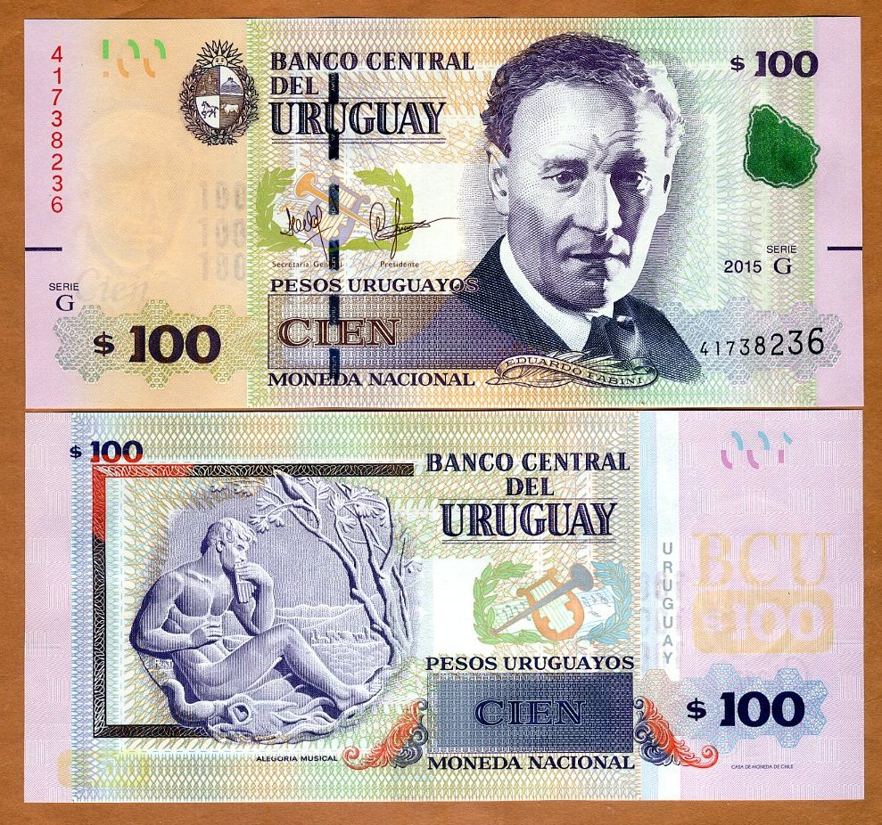 P-New Uruguay New Security UNC 2017 100 Pesos Uruguayos 2015 serie G
