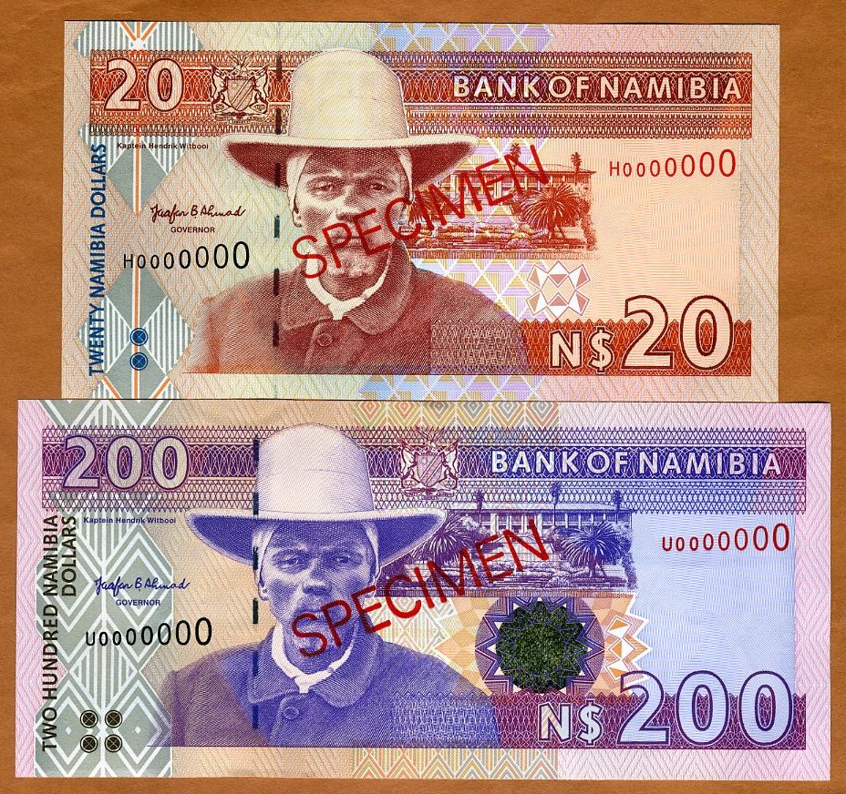 20;200 Dollars UNC /> Signature 2 P-5s-10s Specimen Set Namibia 1996