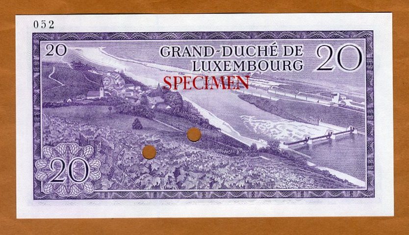 SPECIMEN, Color Trial Luxembourg 20 Francs, ND (1966) P-54Sctr