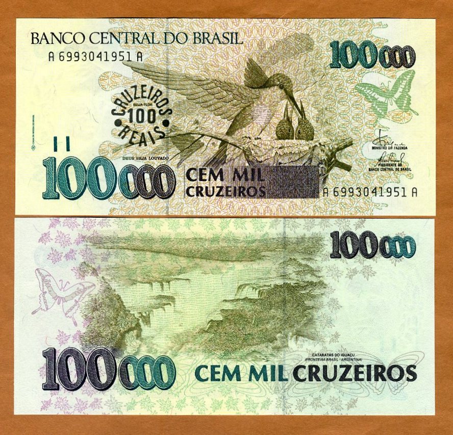 P-238 ND 1993 Brazil 100 Cruzeiros on 100000 Banknote Original UNC