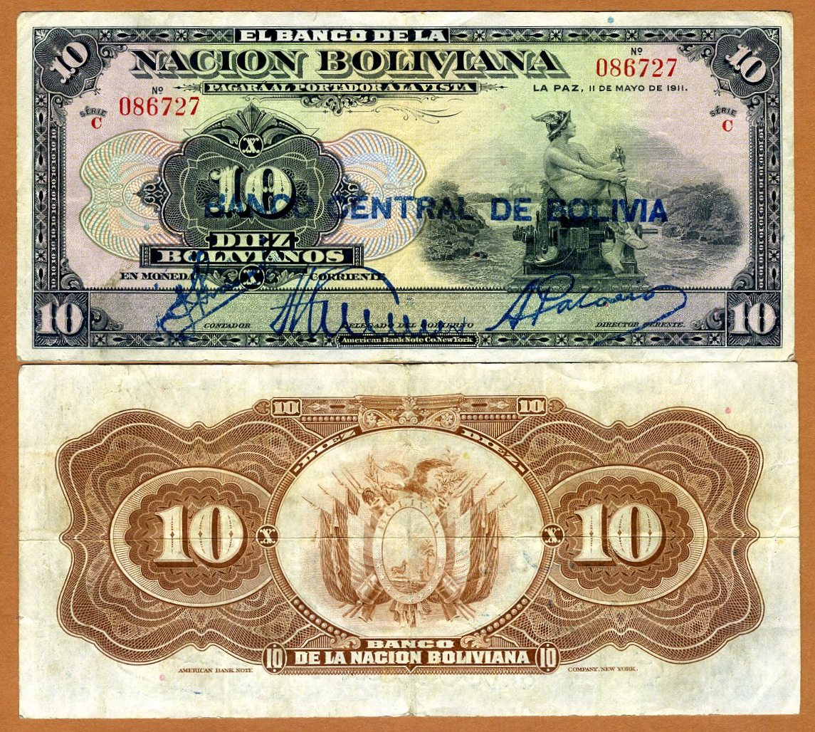 Bolivia 1911 1929 Seated Mercury VF /> Hand Signed 10 bolivanos P-114