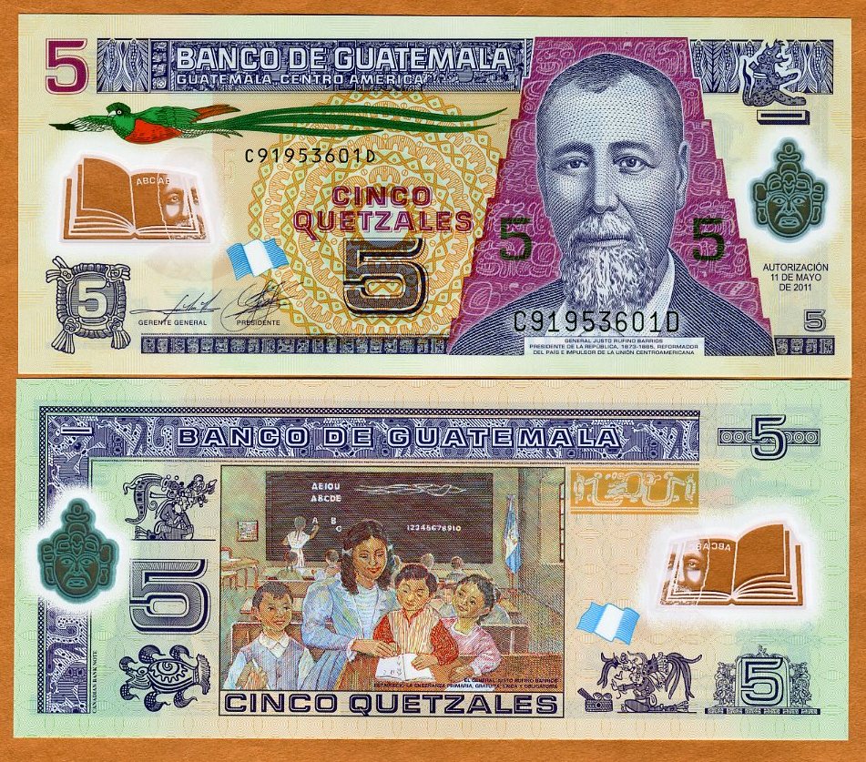 Guatemala P-122 5 Quetzal Year 2013 Uncirculated Polymer Banknote