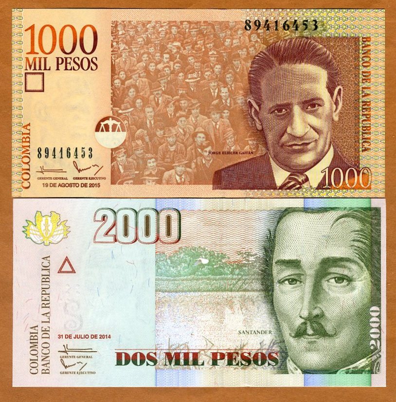 p457y UNC Colombia 2 Note Set: 1000 & 2000 Pesos 2014/15 - p465t