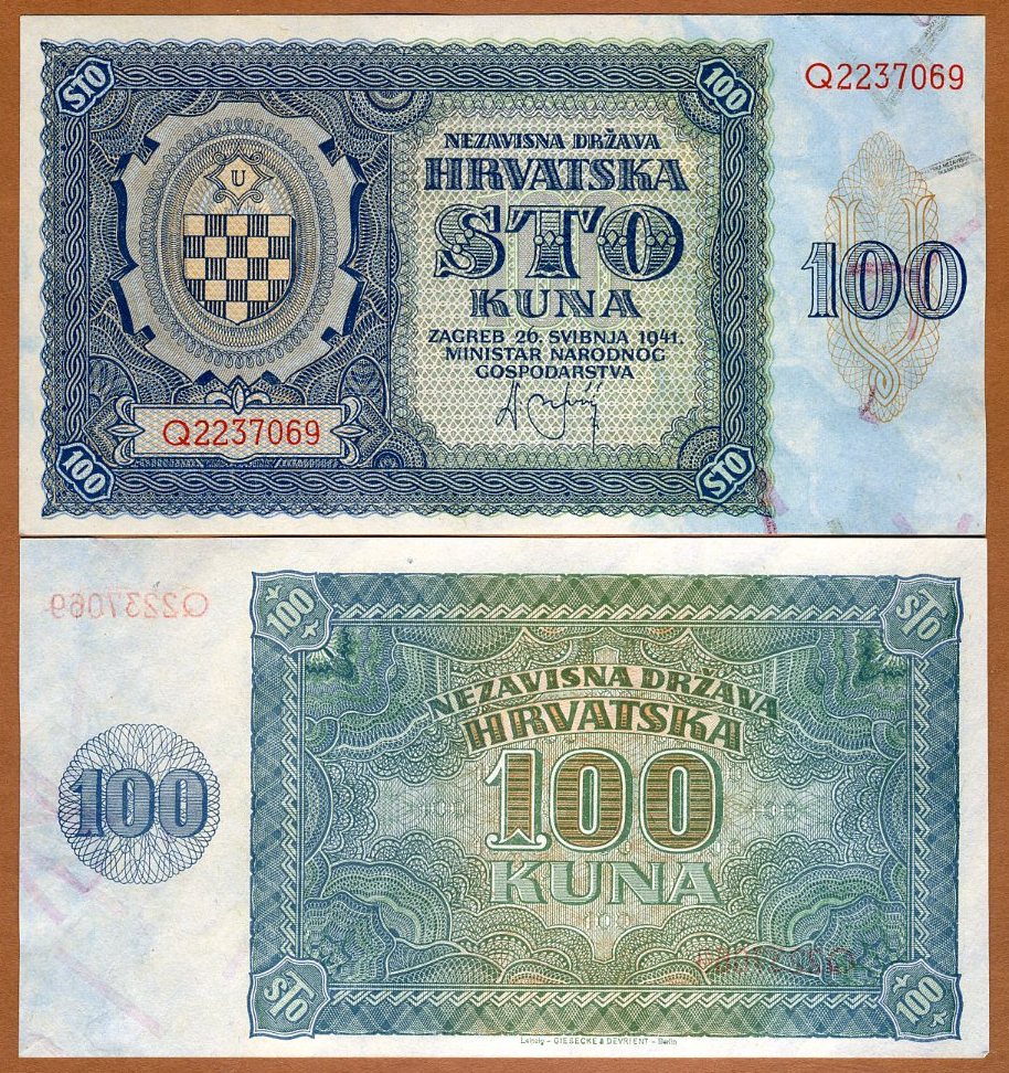 100 Kuna WWII P-2 Scarce in UNC Croatia 1941