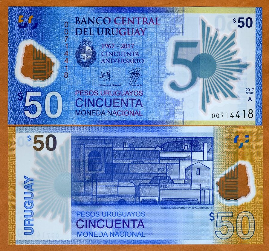 URUGUAY  POLYMER 50 PESOS COMMEMORATIVE BANKNOTE 2018 2017 X 10 UNC