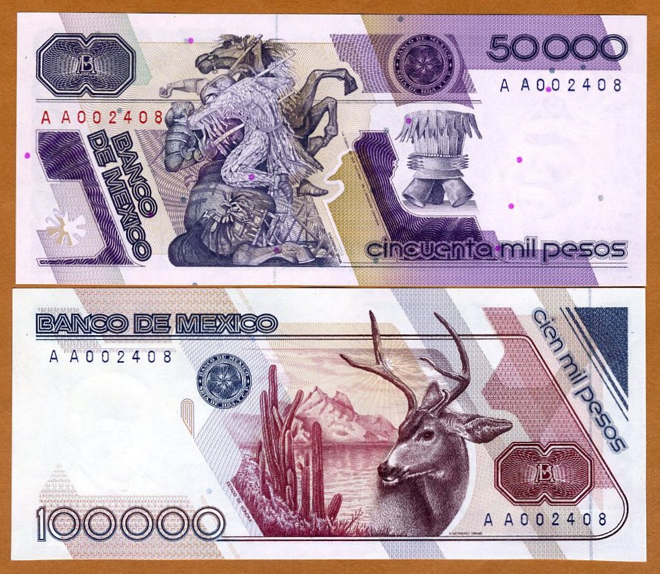 1986-1988 P-93a-94a SET Mexico 50000;100000 Pesos Rare Matching S//Ns A AA UNC