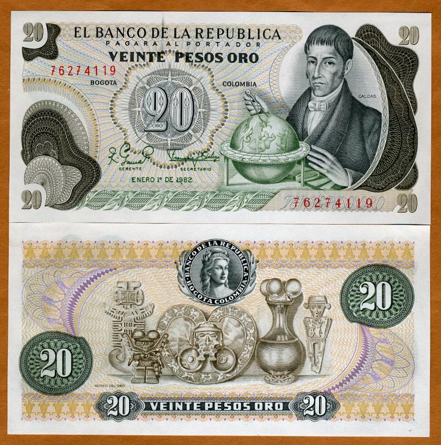 409d UNC LOT Colombia 10 x 20 Pesos Oro Pick 409 1982