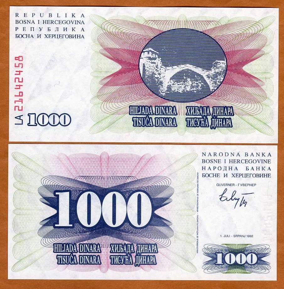 Full bundle Lot 100 PCS Bosnia /& Herzegovina 1000 Dinara 1992 UNC P-15