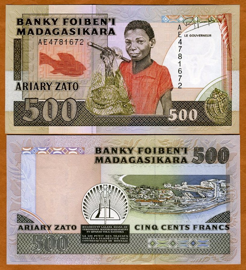 MADAGASCAR 500 FRANCS 1988 P 71 AC PREFIX AUNC ABOUT UNC